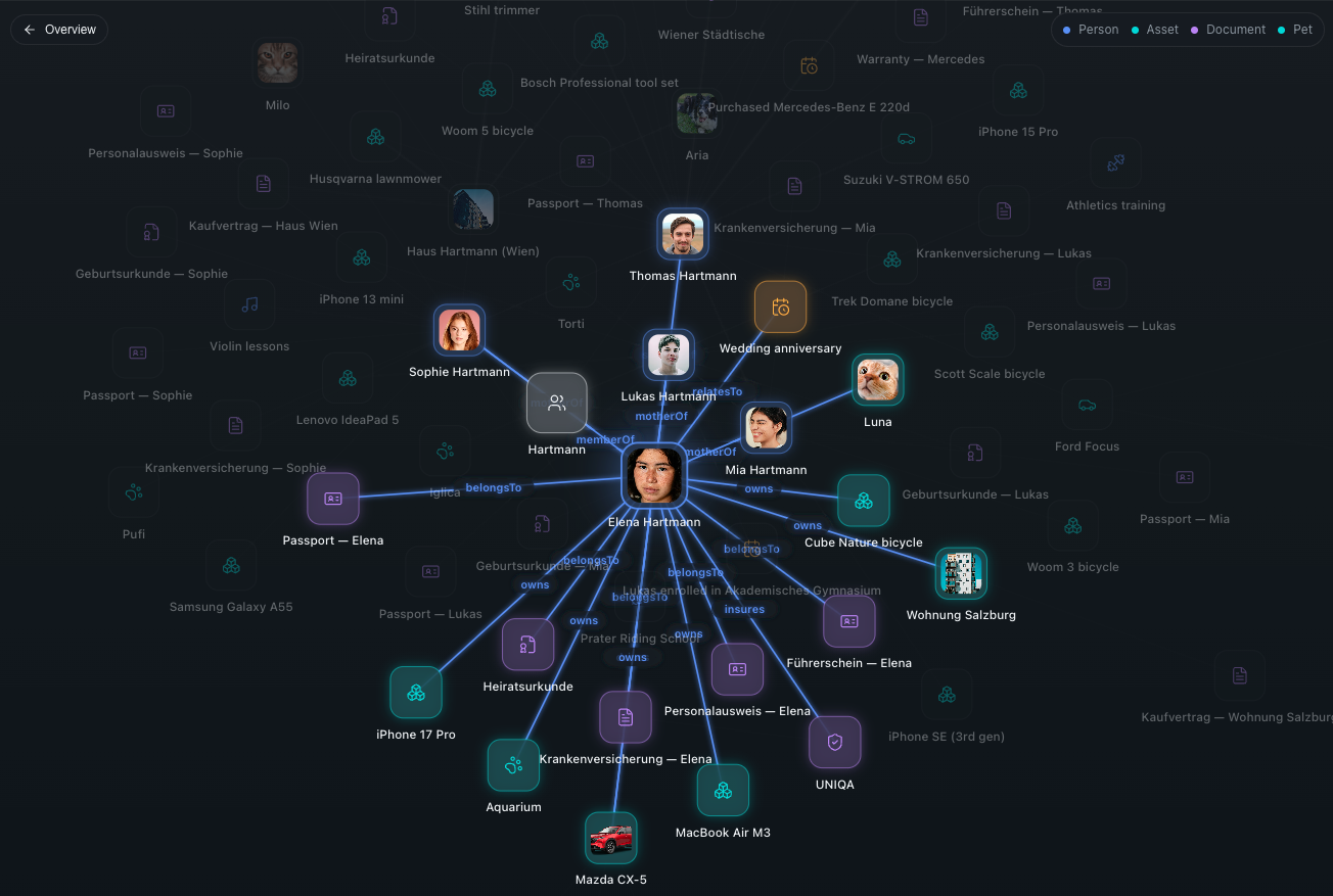 Matricula family graph view showing people, assets and documents connected by relationship lines